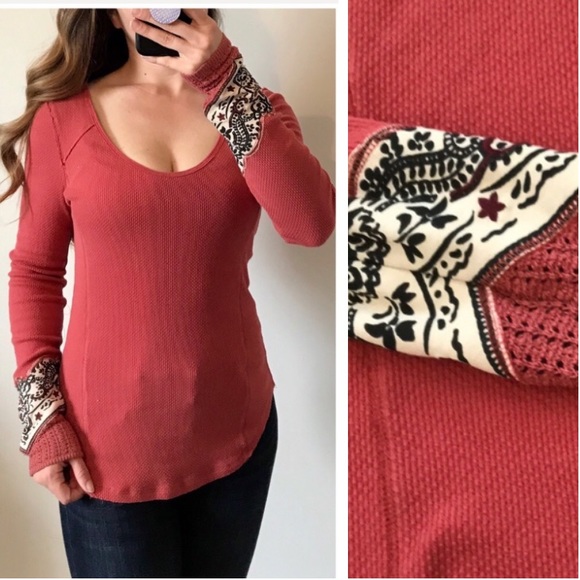 Free People Tops - FREE PEOPLE Burnt Orange Bandana Cuffed Thermal LG